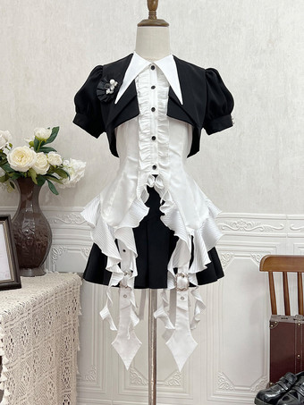 パステルゴシックロリータ衣装 ブラックフリル 半袖ブラウス オーバーコート スカートセット ロマンスゴシック