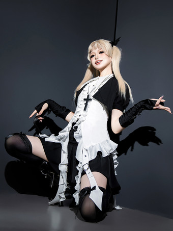 パステルゴシックロリータ衣装 ブラックフリル 半袖ブラウス オーバーコート スカートセット ロマンスゴシック