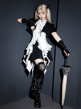 ブラック パステルゴシックロリータ衣装 ブラックフリル 半袖ブラウス オーバーコート スカートセット ロマンスゴシック