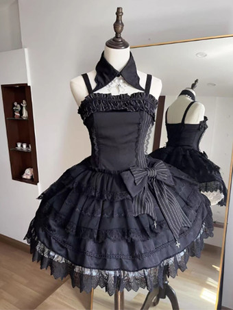   パステルゴシックロリータドレス レースフリルリボン ブラック ロマンスゴシックロリータドレス
