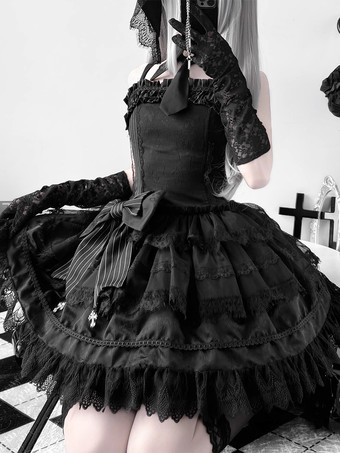   パステルゴシックロリータドレス レースフリルリボン ブラック ロマンスゴシックロリータドレス