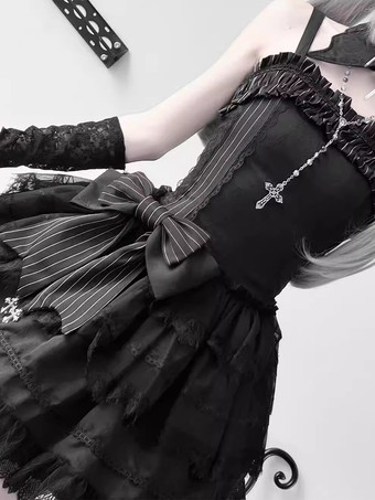  パステルゴシックロリータドレス レースフリルリボン ブラック ロマンスゴシックロリータドレス