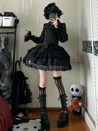   パステルゴシックロリータドレス レースフリルリボン ブラック ロマンスゴシックロリータドレス