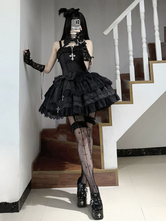  パステルゴシックロリータドレス レースフリルリボン ブラック ロマンスゴシックロリータドレス