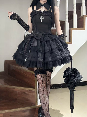 ブラック   パステルゴシックロリータドレス レースフリルリボン ブラック ロマンスゴシックロリータドレス