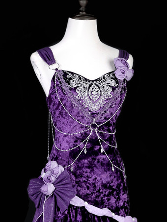   パステルゴシックロリータドレス フリル 蝶結び レース 花 リボン パープル ロマンス ゴシックロリータ Jsk