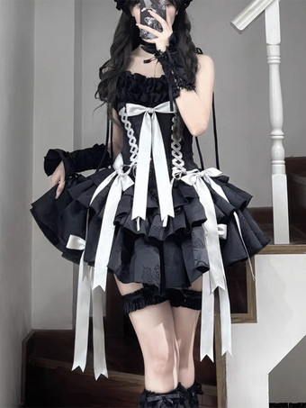 ブラック   パステルゴシックロリータリボンフリルカラーブロックバタフライプリントロマンスゴシックロリータJsk