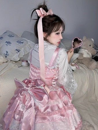 スイートロリータドレスポリエステルノースリーブマルチレイヤーフリル蝶結びティーパーティー姫ロリータJsk