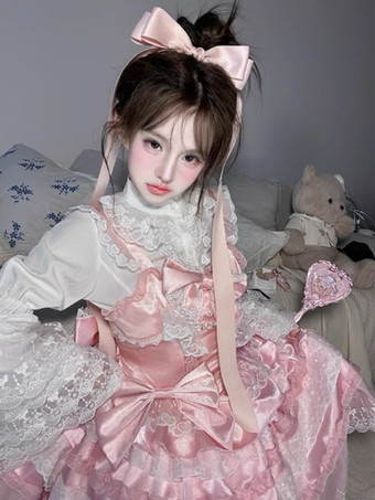 スイートロリータドレスポリエステルノースリーブマルチレイヤーフリル蝶結びティーパーティー姫ロリータJsk