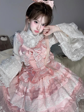 スイートロリータドレスポリエステルノースリーブマルチレイヤーフリル蝶結びティーパーティー姫ロリータJsk