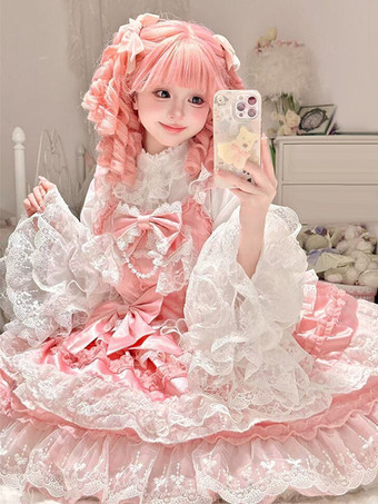 スイートロリータドレスポリエステルノースリーブマルチレイヤーフリル蝶結びティーパーティー姫ロリータJsk