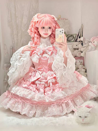 スイートロリータドレスポリエステルノースリーブマルチレイヤーフリル蝶結びティーパーティー姫ロリータJsk