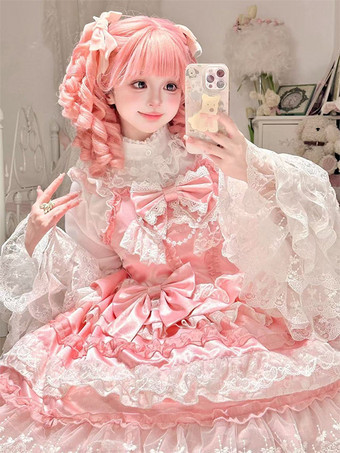 スイートロリータドレスポリエステルノースリーブマルチレイヤーフリル蝶結びティーパーティー姫ロリータJsk