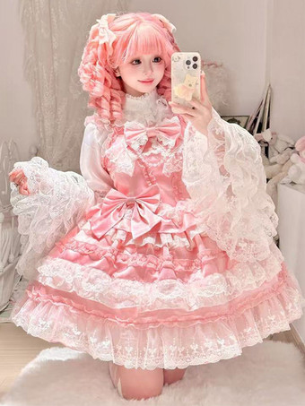 スイートロリータドレスポリエステルノースリーブマルチレイヤーフリル蝶結びティーパーティー姫ロリータJsk