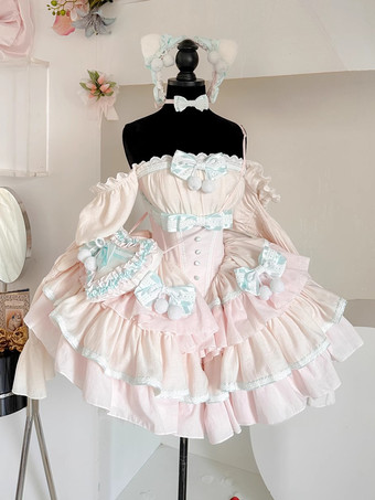スイートロリータドレス ポリエステル ノースリーブ マルチレイヤー フリル 蝶結び スイートバレエ ロリータ Jsk