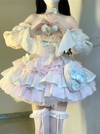 スイートロリータドレス ポリエステル ノースリーブ マルチレイヤー フリル 蝶結び スイートバレエ ロリータ Jsk