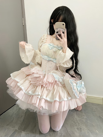スイートロリータドレス ポリエステル ノースリーブ マルチレイヤー フリル 蝶結び スイートバレエ ロリータ Jsk