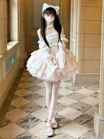 スイートロリータドレス ポリエステル ノースリーブ マルチレイヤー フリル 蝶結び スイートバレエ ロリータ Jsk