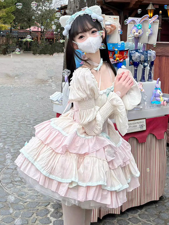 スイートロリータドレス ポリエステル ノースリーブ マルチレイヤー フリル 蝶結び スイートバレエ ロリータ Jsk