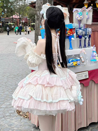 スイートロリータドレス ポリエステル ノースリーブ マルチレイヤー フリル 蝶結び スイートバレエ ロリータ Jsk