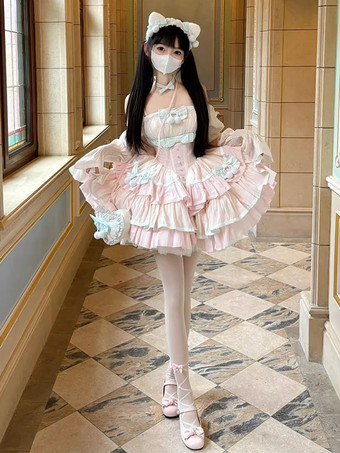 ピンクスイートロリータドレス ポリエステル ノースリーブ マルチレイヤー フリル 蝶結び スイートバレエ ロリータ Jsk