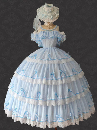 ライトスカイブルー姫ロリータドレス ポリエステル ノースリーブ ジャンパー ロマンス スウィート ロッコ コスチューム パーティー ロリータドレス