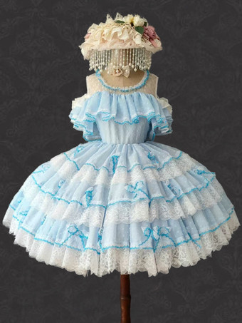 ライトスカイブルー姫ロリータドレス ポリエステル ノースリーブ ジャンパー ロマンス スウィート ロッコ コスチューム パーティー ロリータ Jsk