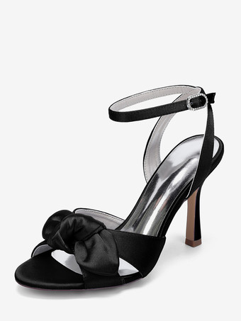 ブラック ハイヒールウェディングシューズ サテンリボンブライダルサンダルシューズ