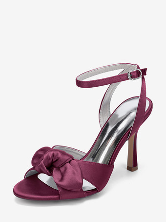 ワインレッド ハイヒールウェディングシューズ サテンリボンブライダルサンダルシューズ