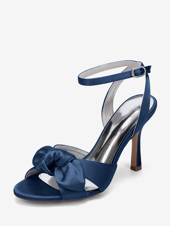 ディープブルーハイヒールウェディングシューズ サテンリボンブライダルサンダルシューズ
