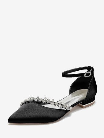 ブラック フラットウェディングシューズ サテンポインテッドトゥ ラインストーン アンクルストラップ ブライダルシューズ