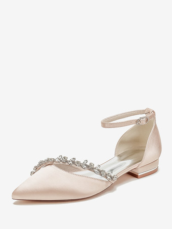 シャンパンカラーフラットウェディングシューズ サテンポインテッドトゥ ラインストーン アンクルストラップ ブライダルシューズ
