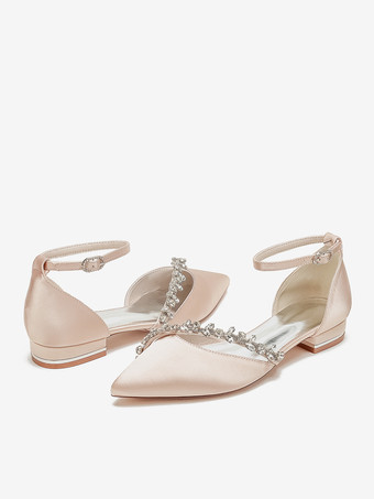 フラットウェディングシューズ サテンポインテッドトゥ ラインストーン アンクルストラップ ブライダルシューズ