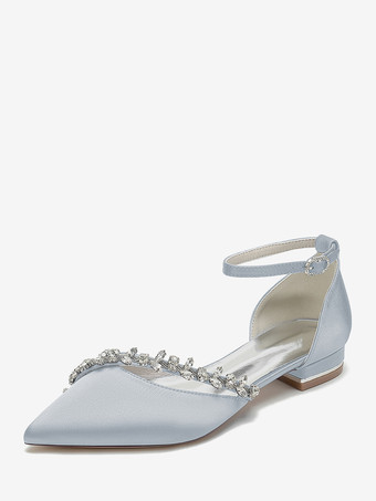 シルバー フラットウェディングシューズ サテンポインテッドトゥ ラインストーン アンクルストラップ ブライダルシューズ
