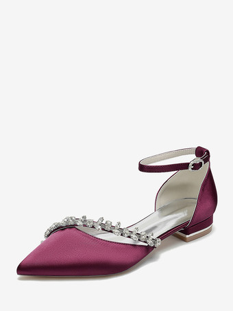 ワインレッド フラットウェディングシューズ サテンポインテッドトゥ ラインストーン アンクルストラップ ブライダルシューズ