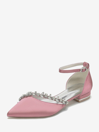 サーモンピンクフラットウェディングシューズ サテンポインテッドトゥ ラインストーン アンクルストラップ ブライダルシューズ