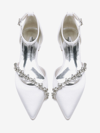 フラットウェディングシューズ サテンポインテッドトゥ ラインストーン アンクルストラップ ブライダルシューズ