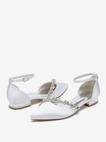フラットウェディングシューズ サテンポインテッドトゥ ラインストーン アンクルストラップ ブライダルシューズ