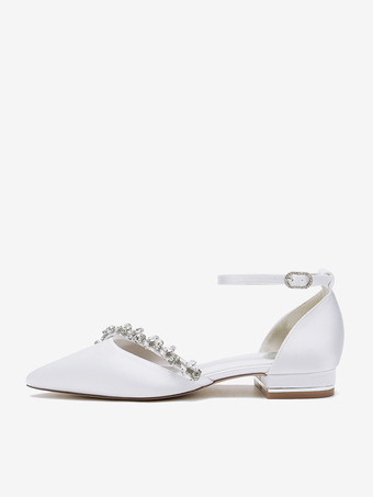 フラットウェディングシューズ サテンポインテッドトゥ ラインストーン アンクルストラップ ブライダルシューズ