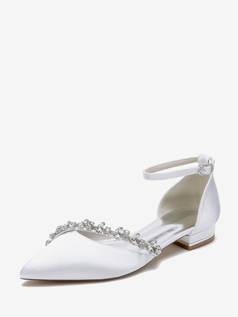 ホワイト フラットウェディングシューズ サテンポインテッドトゥ ラインストーン アンクルストラップ ブライダルシューズ