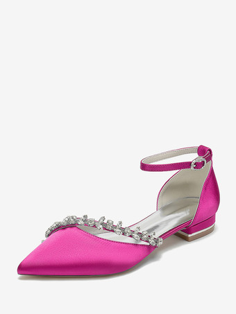 ローズレッドフラットウェディングシューズ サテンポインテッドトゥ ラインストーン アンクルストラップ ブライダルシューズ