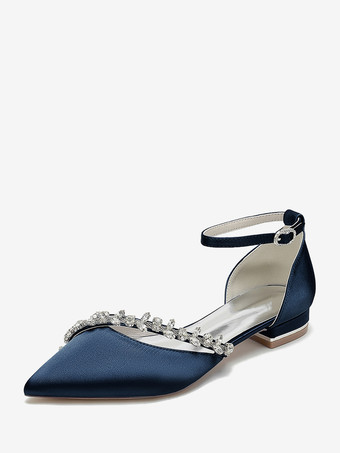 ディープブルーフラットウェディングシューズ サテンポインテッドトゥ ラインストーン アンクルストラップ ブライダルシューズ