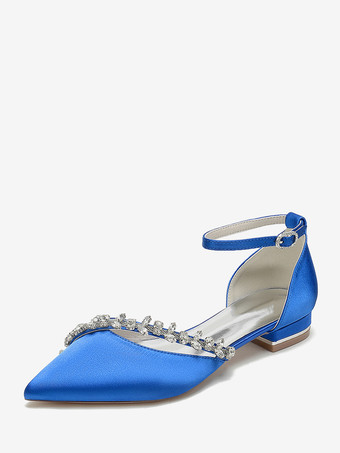 ロイヤルブルーフラットウェディングシューズ サテンポインテッドトゥ ラインストーン アンクルストラップ ブライダルシューズ