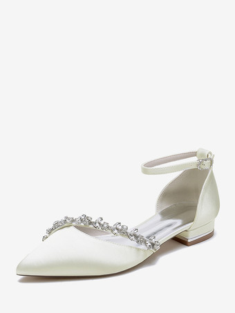 アイボリー フラットウェディングシューズ サテンポインテッドトゥ ラインストーン アンクルストラップ ブライダルシューズ