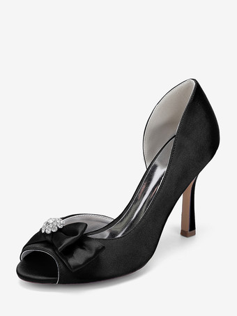 ブラック サテンのウェディングシューズ、ピープトゥ、ボウハイヒール、ウェディングゲストシューズ