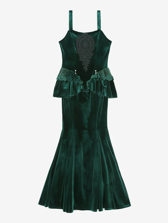 ゴシックロリータドレス レースフリル ベロア ロマンス エレガント ダークグリーン ロマンス フィッシュテールドレス