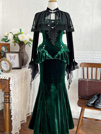 ダークグリーンゴシックロリータドレス レースフリル ベロア ロマンス エレガント ダークグリーン ロマンス フィッシュテールドレス