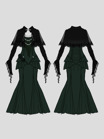 ゴシックロリータドレス レースフリル ベロア ロマンス エレガント ダークグリーン ロマンス フィッシュテールドレス