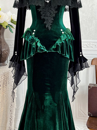 ゴシックロリータドレス レースフリル ベロア ロマンス エレガント ダークグリーン ロマンス フィッシュテールドレス