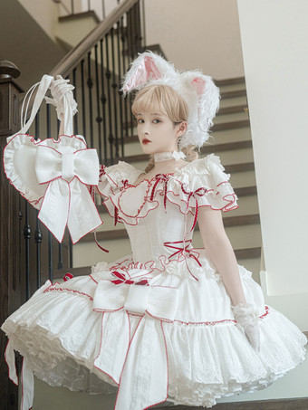 スイートロリータ衣装 ホワイトカラーブロック レースアップ 半袖スカートトップ 姫ロリータドレス